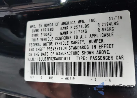 2016 Acura Tlx V6 Tech из США, поврежденный, VIN 19UUB3F52GA001611